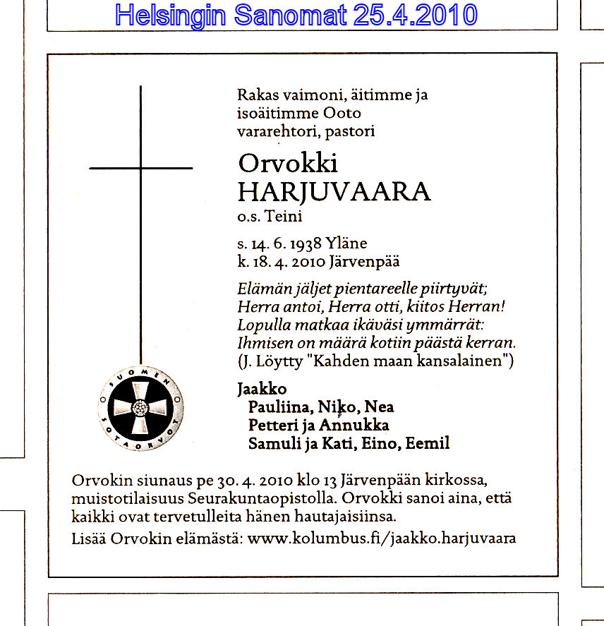 Helsingin Sanomien kuolinilmoitus 25.4.2010