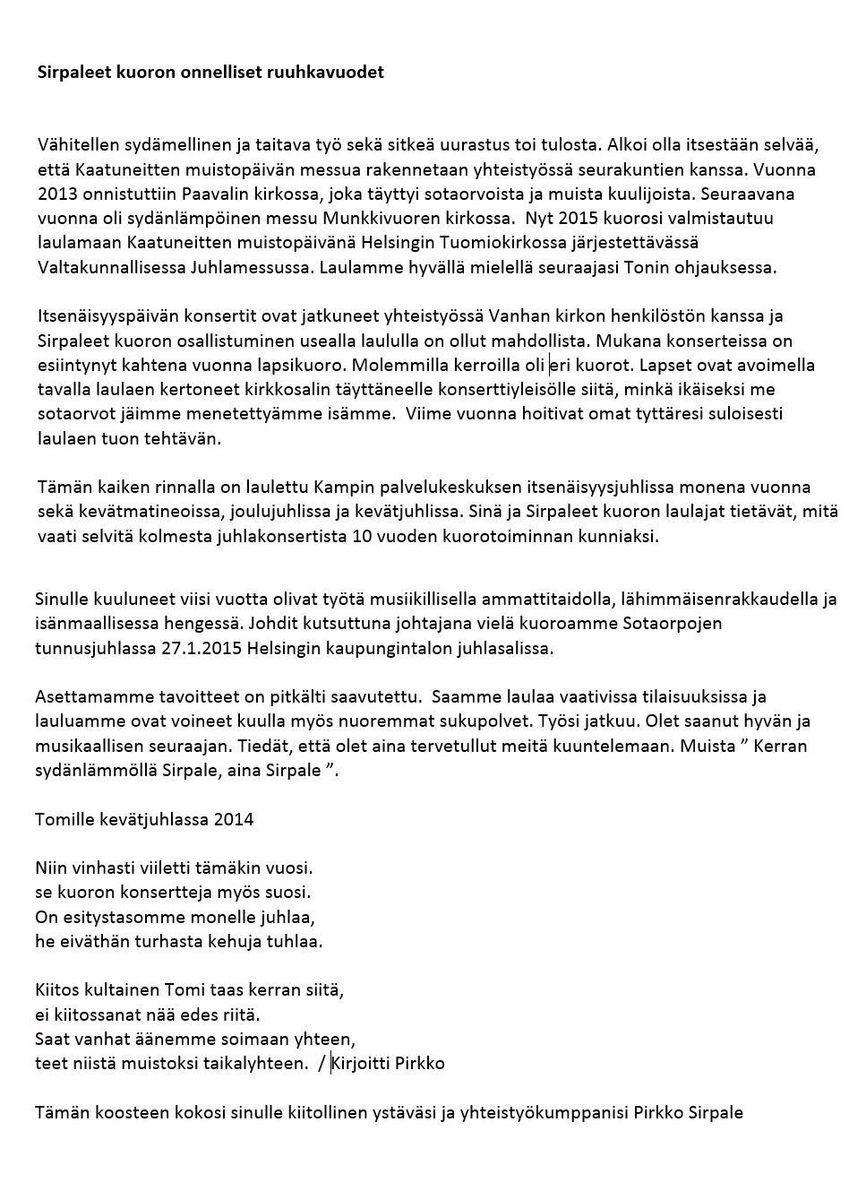 Kiitokset Tomi Kujansuulle